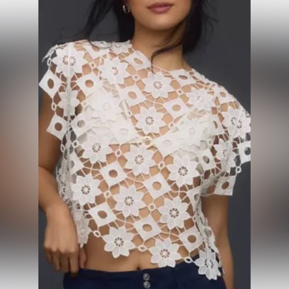 Maeve Anthropologie Top | White Floral Blouse | OS